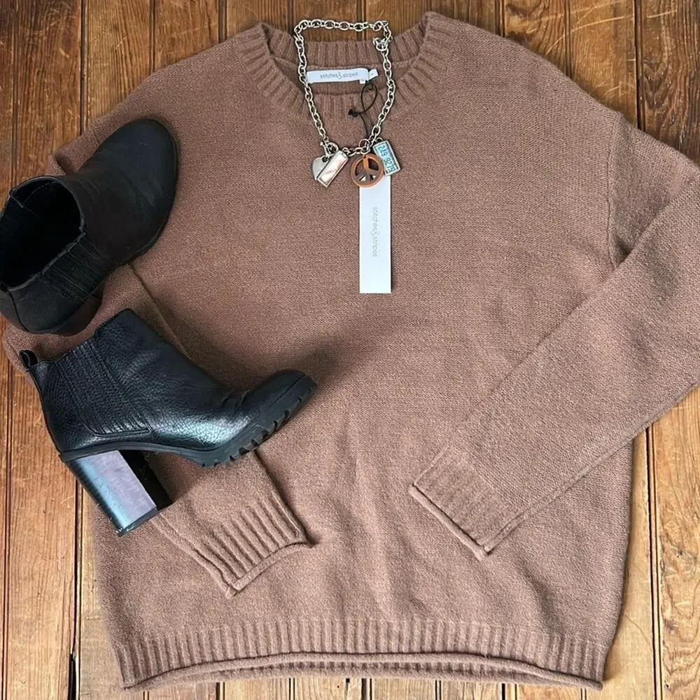 Women’s Revolve  Sweater Stitches and Stripes crew neck brown NWT new size med